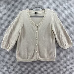 Talbots Cardigan Sweater Women L Cream Button Front Scoop Neck Ballon Sleeve